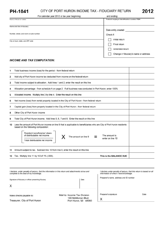 Form Ph-1041 - City Of Port Huron Income Tax - Fiduciary Return - 2012 Printable pdf