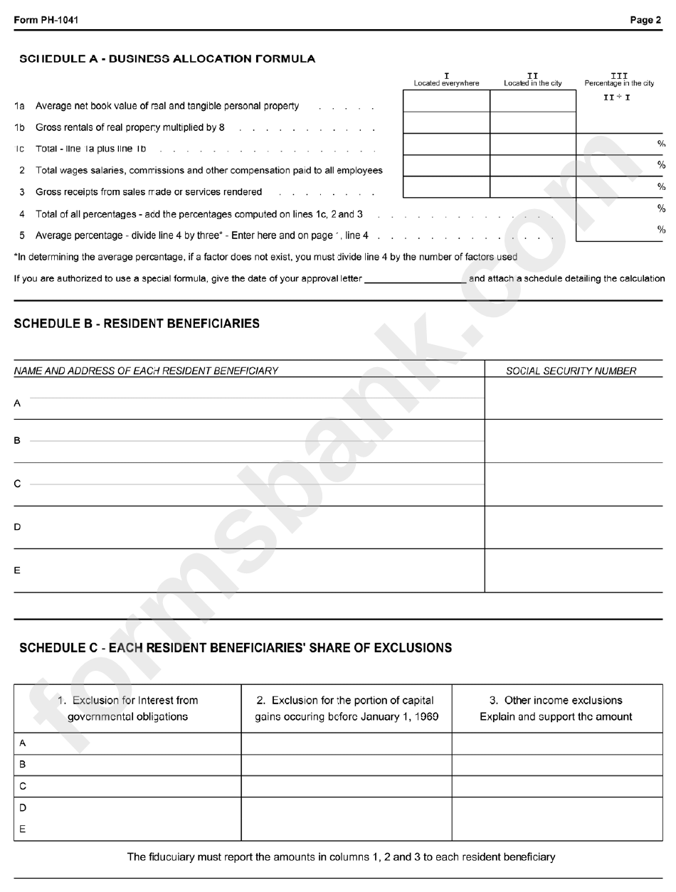 Form Ph-1041 - City Of Port Huron Income Tax - Fiduciary Return - 2012