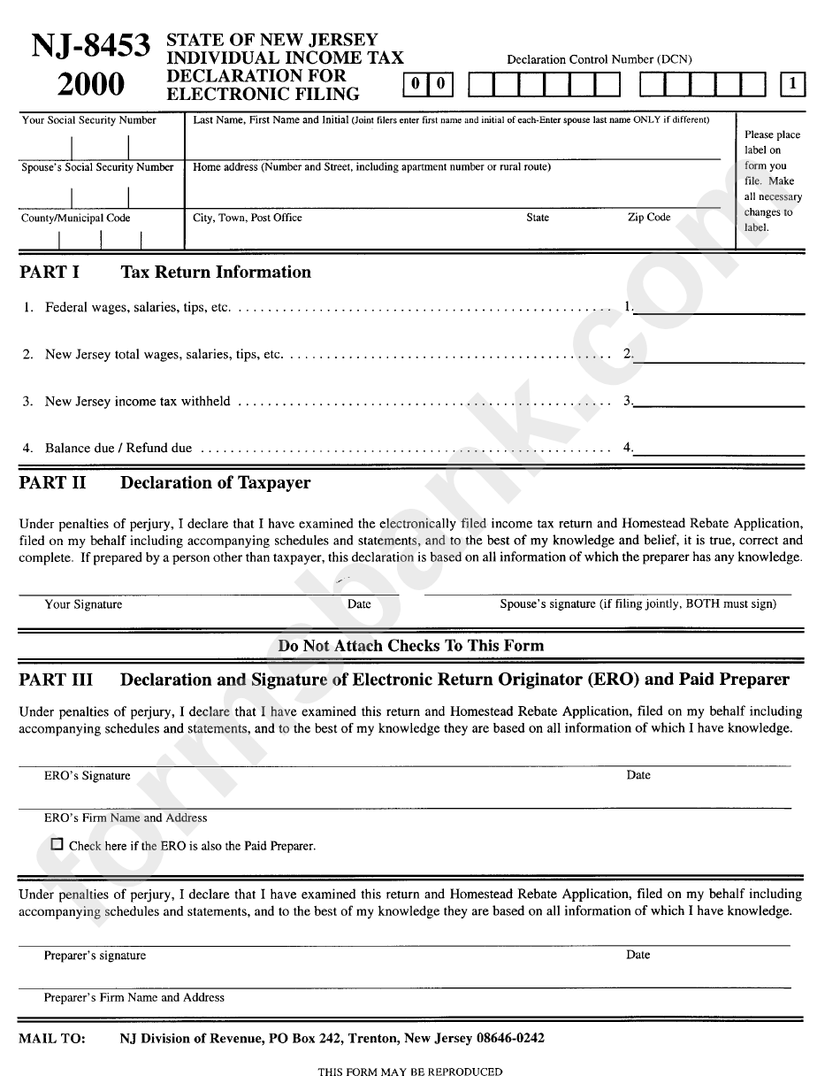 Form Nj-8453 - Individual Income Tax Declaration For Electronic Filing 2000