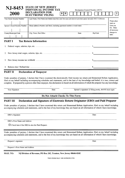 Form Nj-8453 - Individual Income Tax Declaration For Electronic Filing 2000 Printable pdf