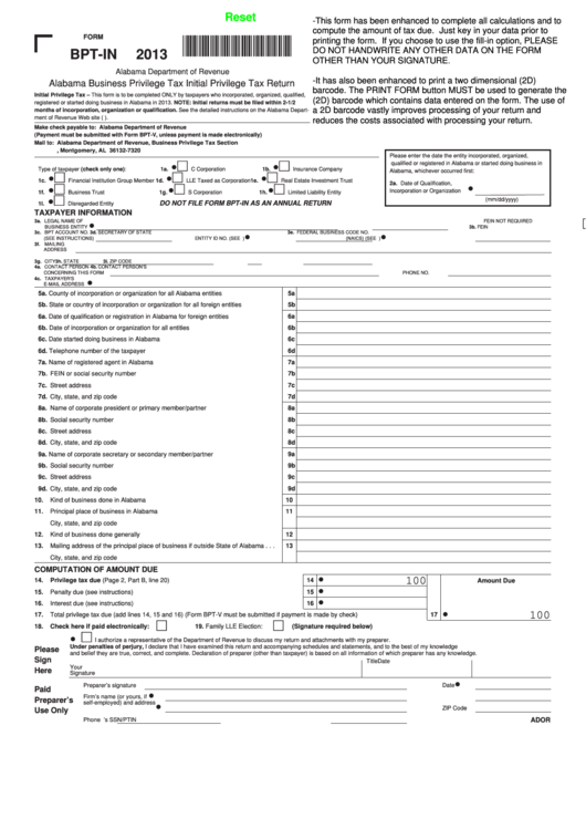 Fillable Form Bpt-In - Alabama Business Privilege Tax Initial Privilege Tax Return - 2013 Printable pdf
