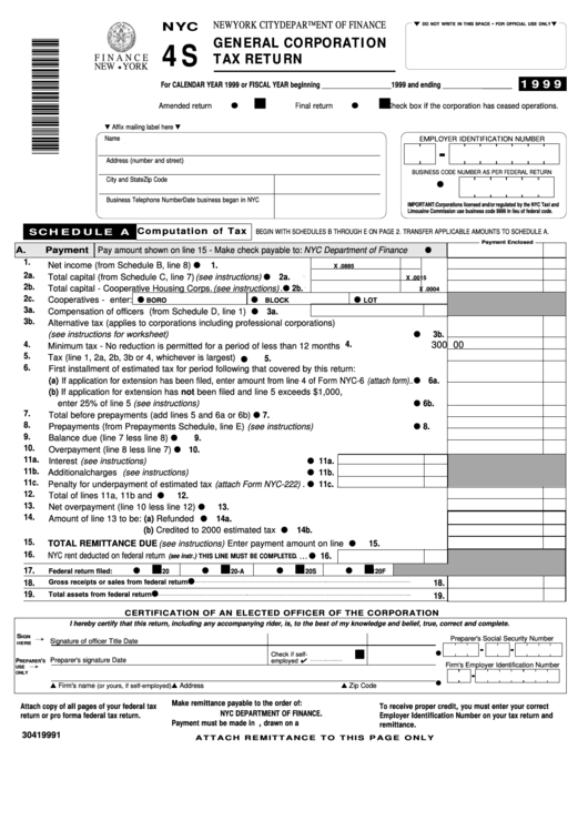 Form Nyc 4s - General Corporation Tax Return - 1999 Printable pdf