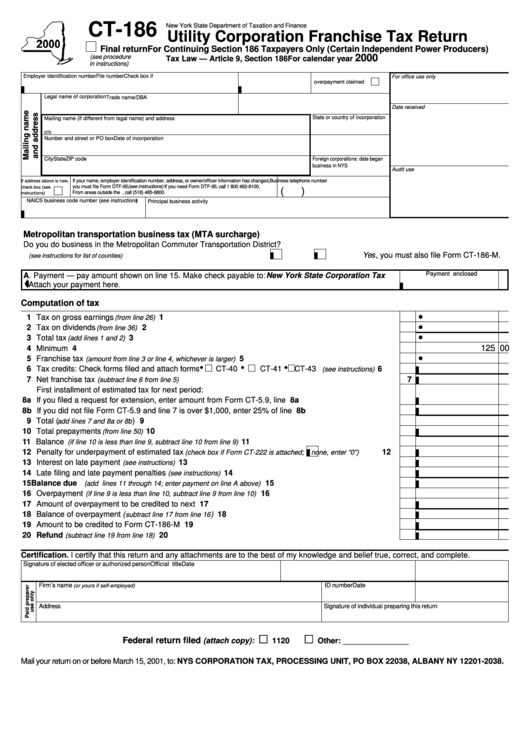 Form Ct-186 - Utility Corporation Franchise Tax Return - 2000 Printable pdf
