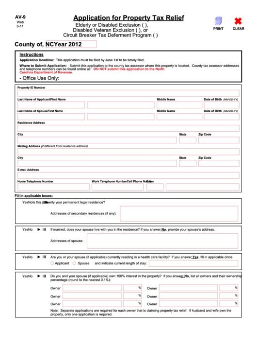 Fillable Form Av-9 - Application For Property Tax Relief - 2012 Printable pdf