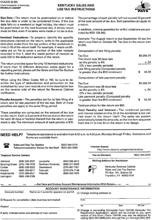 Form 51a205 - Account Maintenance Information For Kentucky Sales And Use Tax 1999 Printable pdf