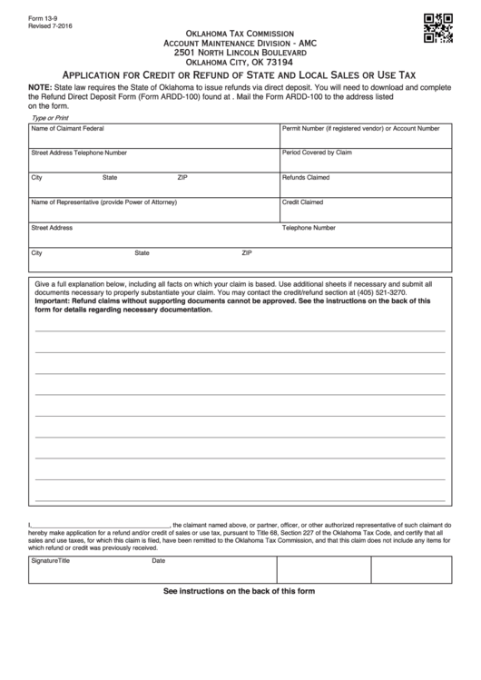 Fillable Form 13-9 - Application For Credit Or Refund Of State And Local Sales Or Use Tax Printable pdf
