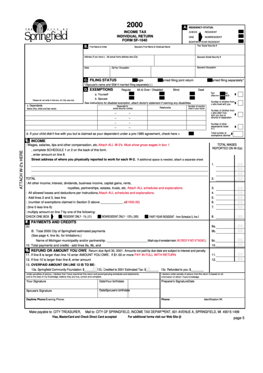 Form Sf-1040 - Income Tax Individual Return - 2000 Printable pdf