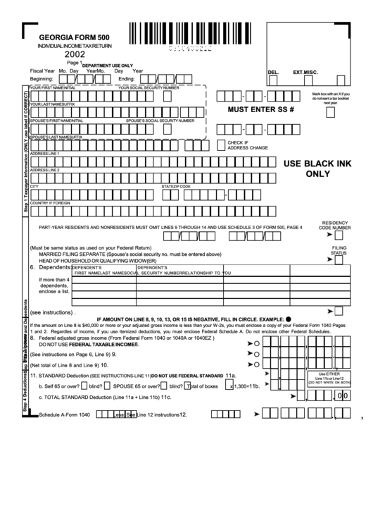 Form 500 - Individual Income Tax Return - 2002 Printable pdf