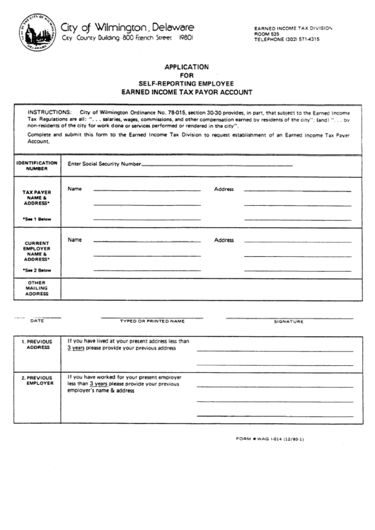 Form Wag I-014 - Application For Self-Reporting Employee Earned Income Tax Payor Account Form Printable pdf