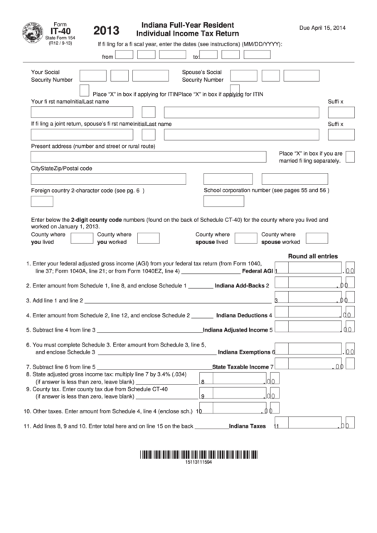 Fillable Form It-40 - Indiana Full-Year Resident Individual Income Tax Return - 2013 Printable pdf