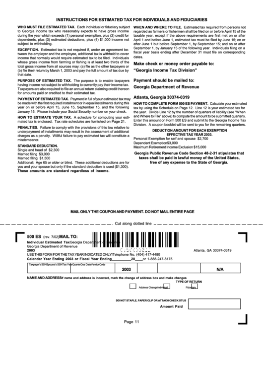 Form 500 Es - Individual Estimated Tax - 2003 Printable pdf