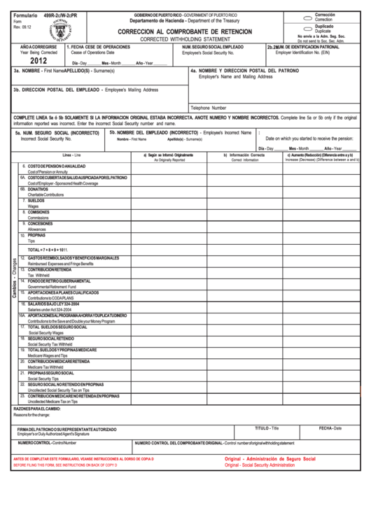 Form 499r-2c/w-2cpr - Corrected Withholding Statement - 2012 Printable pdf