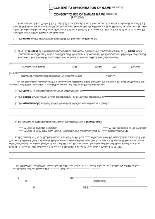 Consent To Appropriation Of Name/consent To Use Of Similar Name Printable pdf