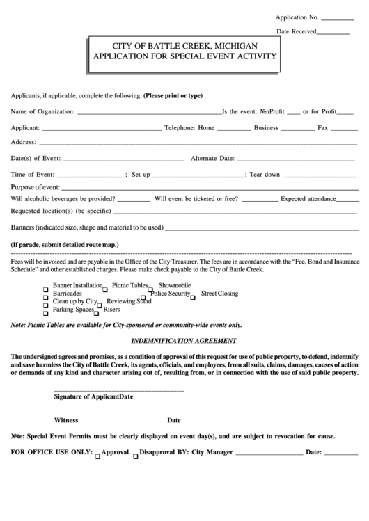 Application For Special Event Activity - City Of Battle Creek, Michigan Printable pdf