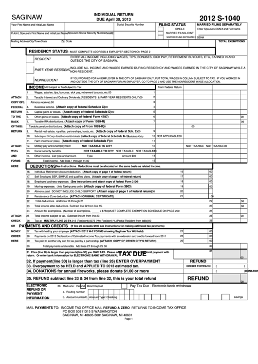 Form S-1040 - Individual Return - 2012 Printable pdf