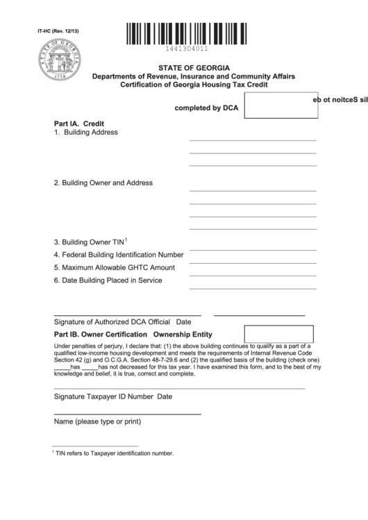 Fillable Form It-Hc - Certification Of Georgia Housing Tax Credit Printable pdf