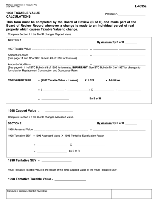 Fillable Form L-4035a - Taxable Value Calculations 1998 Printable pdf