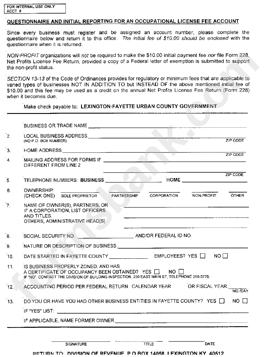 Questionnaire And Initial Reporting For An Occupational License Fee Account - Kentucky Division Of Revenue