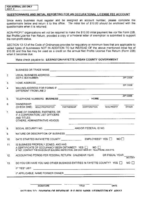 Questionnaire And Initial Reporting For An Occupational License Fee Account - Kentucky Division Of Revenue Printable pdf