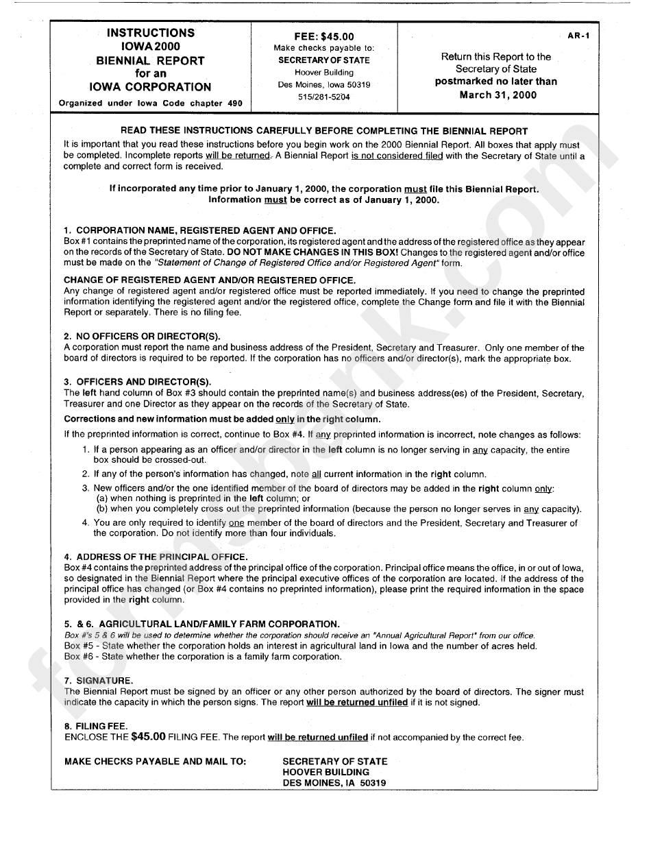 Instructions Iowa 2000 Biennial Report For An Iowa Corporation