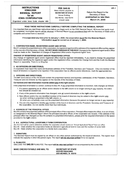 Instructions Iowa 2000 Biennial Report For An Iowa Corporation Printable pdf