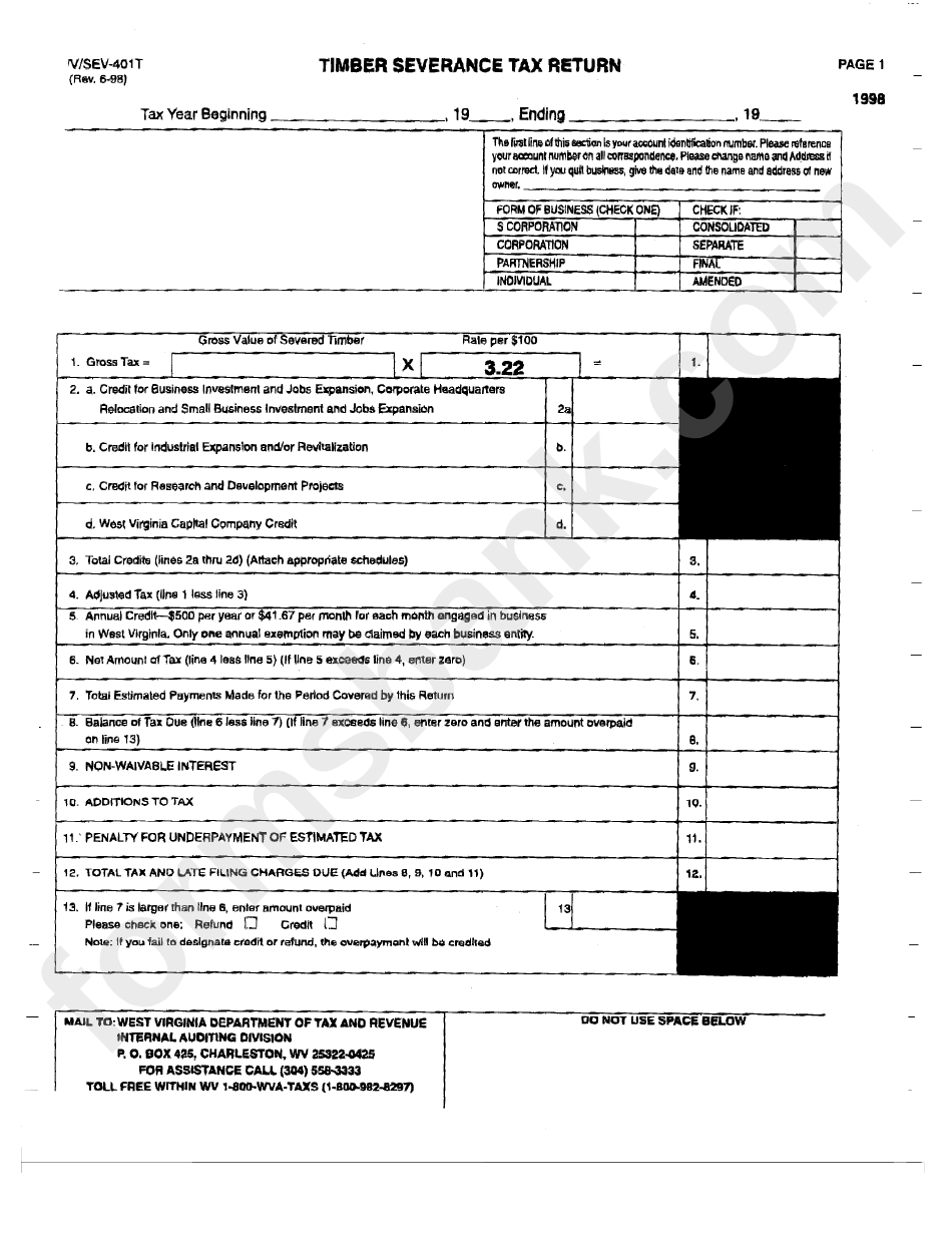 Form Wv/sev-401t - Timber Severance Tax Return - 1998