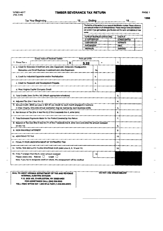 Fillable Form Wv/sev-401t - Timber Severance Tax Return - 1998 Printable pdf