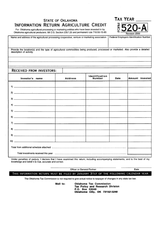 Form 520-A - Information Return Agriculture Credit Printable pdf