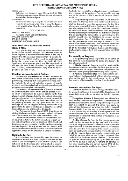 City Of Portland Income Tax 2002 Partnership Return Instructions For Form P-1065 Printable pdf