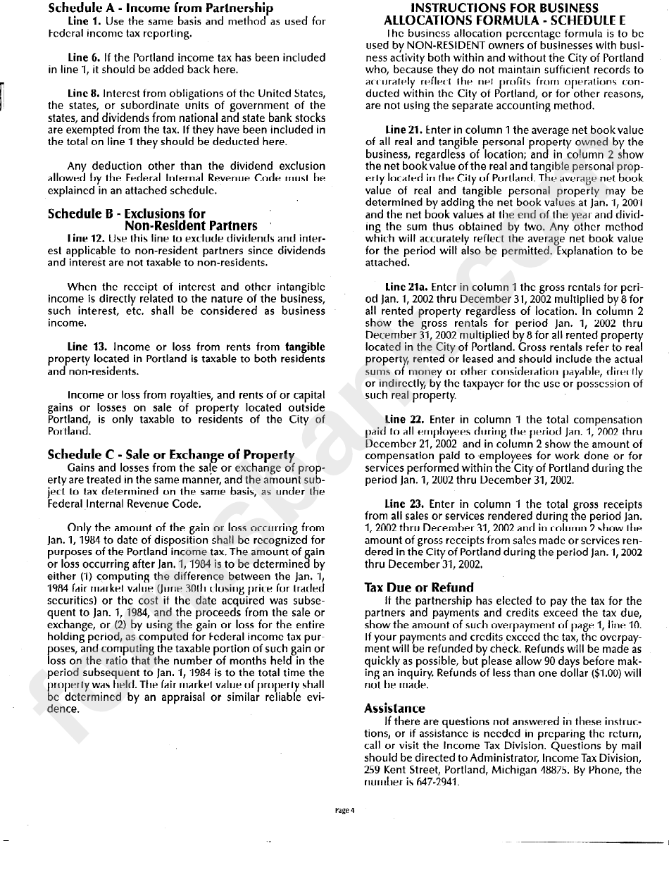 City Of Portland Income Tax 2002 Partnership Return Instructions For Form P-1065