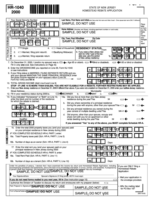 Form Hr-1040 Sample - Homestead Rebate Application - 2000 Printable pdf