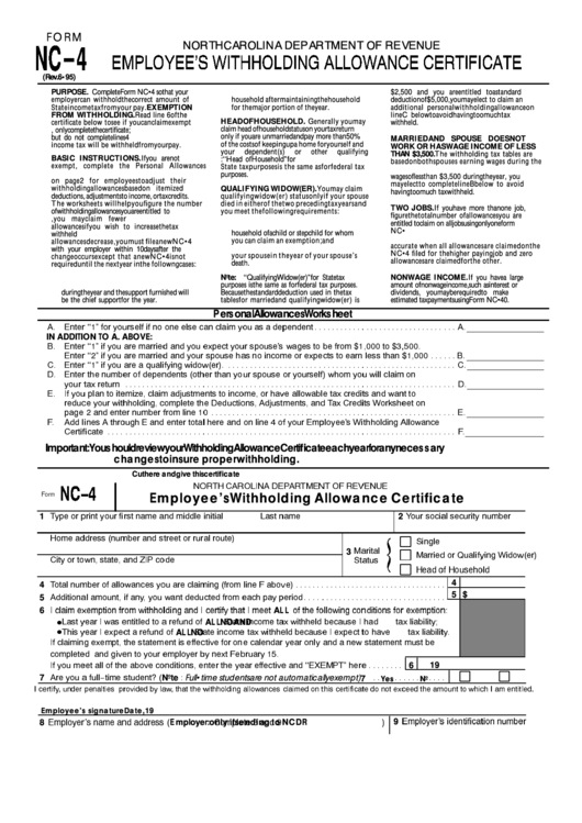 Fillable Form Nc 4 Employee S Withholding Allowance Certificate Free