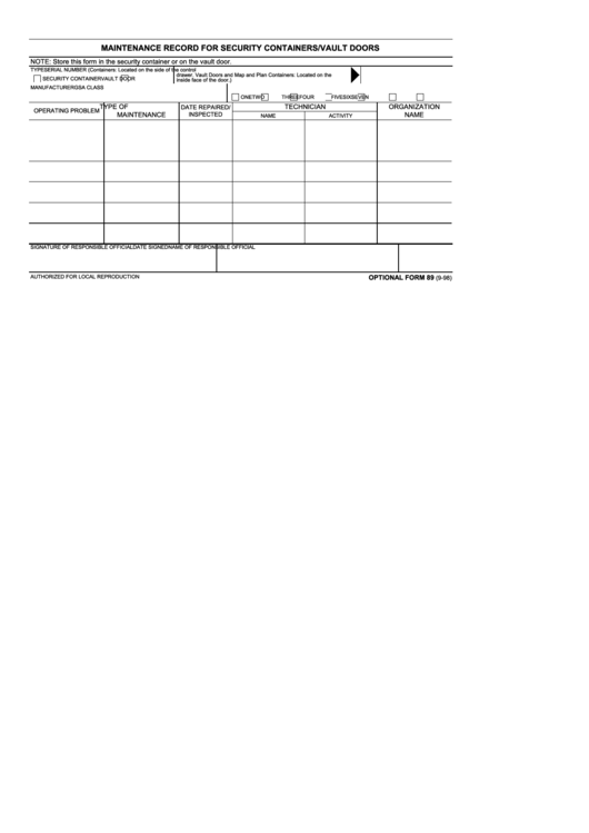Fillable Optional Form 89 - Maintenance Record For Security Containers/vault Doors Printable pdf
