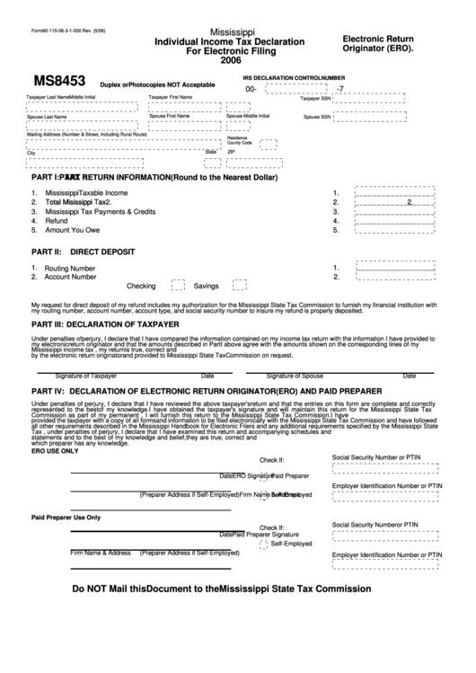 Form 80-115-06-3-1-000 - Individual Income Tax Declaration For Electronic Filing - State Of Mississippi - 2006 Printable pdf