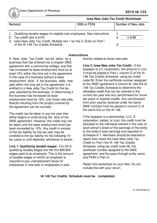Form Ia 133 - New Jobs Tax Credit Worksheet - 2014 Printable pdf