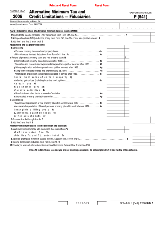 Fillable California Schedule P (541) - Alternative Minimum Tax And Credit Limitations - Fuduciaries - 2006 Printable pdf