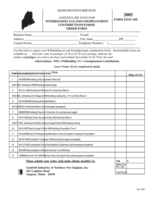 Form 2333c-Me - Withholding Tax And Unemployment Contributions Forms Order Form - State Of Maine - 2005 Printable pdf