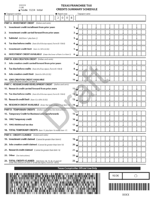 Texas Franchise Tax Credits Summary Schedule Draft Printable pdf