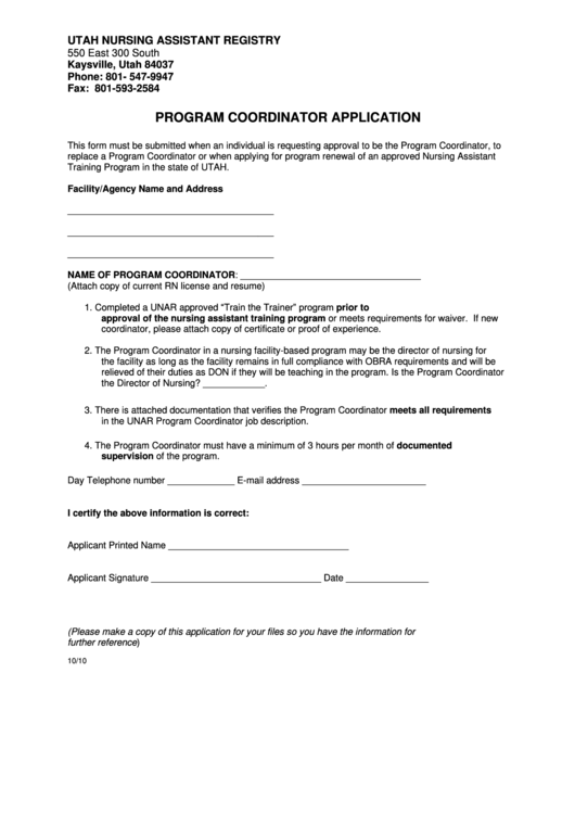 Program Coordinator Application Form Printable pdf