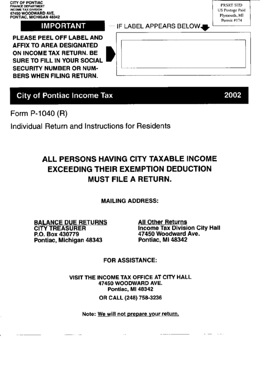 Form P-1040(R) - Individual Return And Instructions For Residents - 2002 Printable pdf