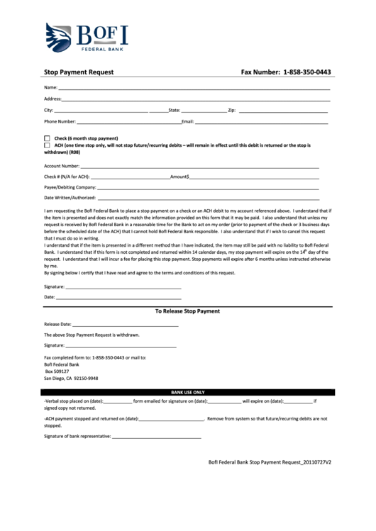 Fillable Stop Payment Request Form Printable pdf
