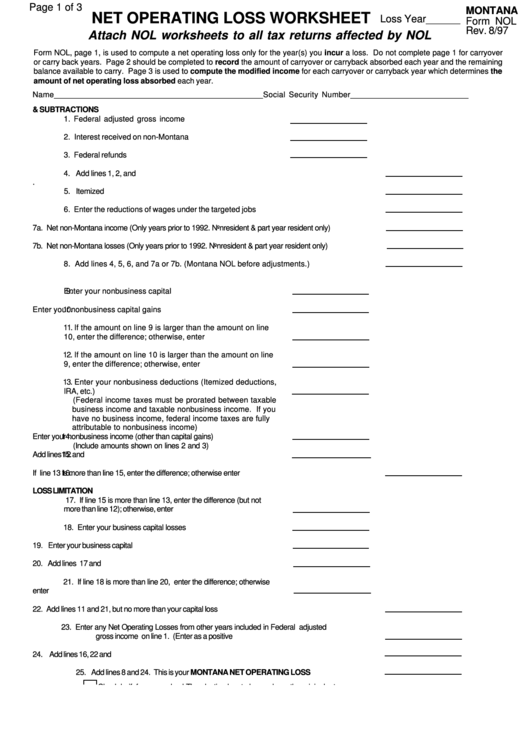Fillable Form Nol - Net Operating Loss Worksheet Printable pdf
