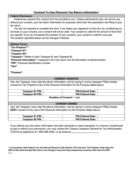 Consent To Use Personal Tax Return Information Printable pdf