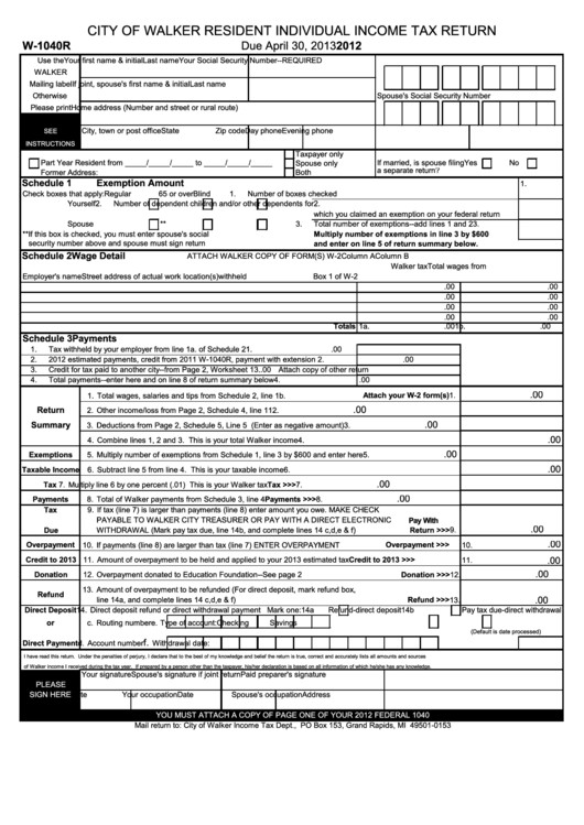 Fillable Form W-1040r - City Of Walker Resident Individual Income Tax Return - 2012 Printable pdf