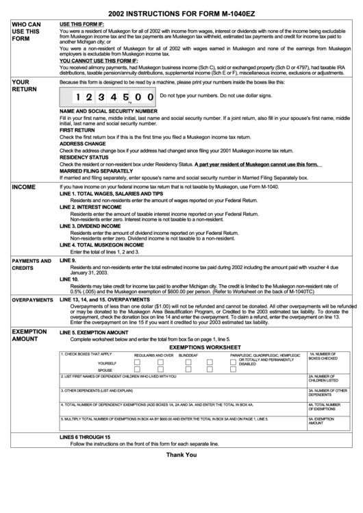 2002 Instructions For Form M-1040ez Printable pdf