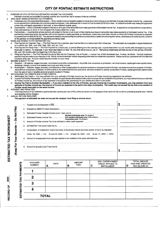 Estimated Tax Worksheet - City Of Pontiac Printable pdf