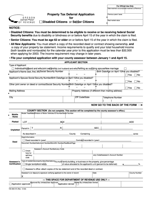 Fillable Form 150-490-015 - Property Tax Deferral Application For Disabled Citizens / Senior Citizens Printable pdf