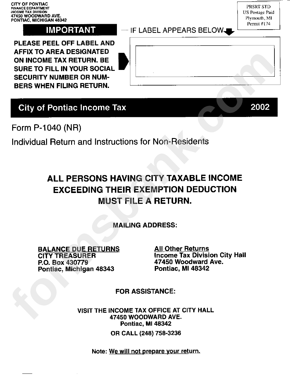 Form P-1040(Nr) - Individual Return Instructions For Non-Residents - 2002