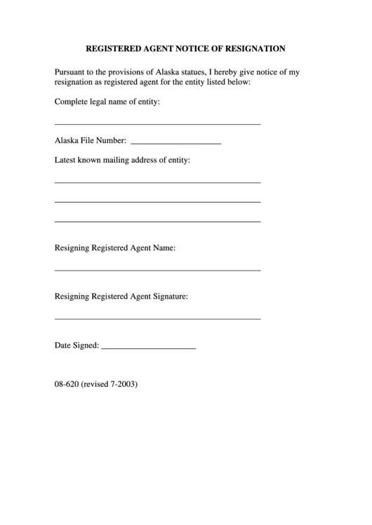 Form 08-620 - Registered Agent Notice Of Resignation Printable pdf