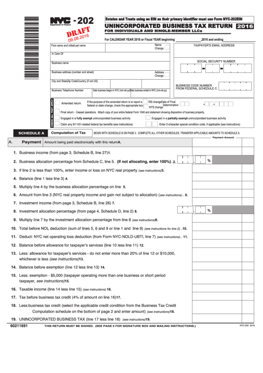 Form Nyc-202 Draft - Unincorporated Business Tax Return For Individuals And Single-Member Llcs - 2016 Printable pdf